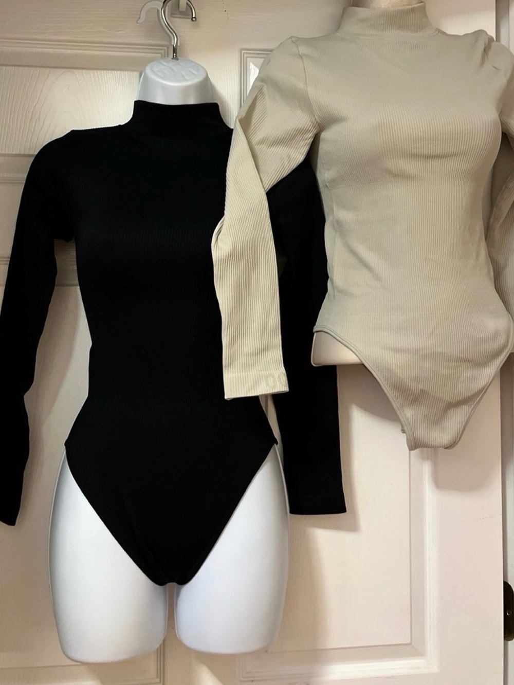 Duo of Ribbed Mock Neck Long-Sleeve Bodysuit in Black & Cream